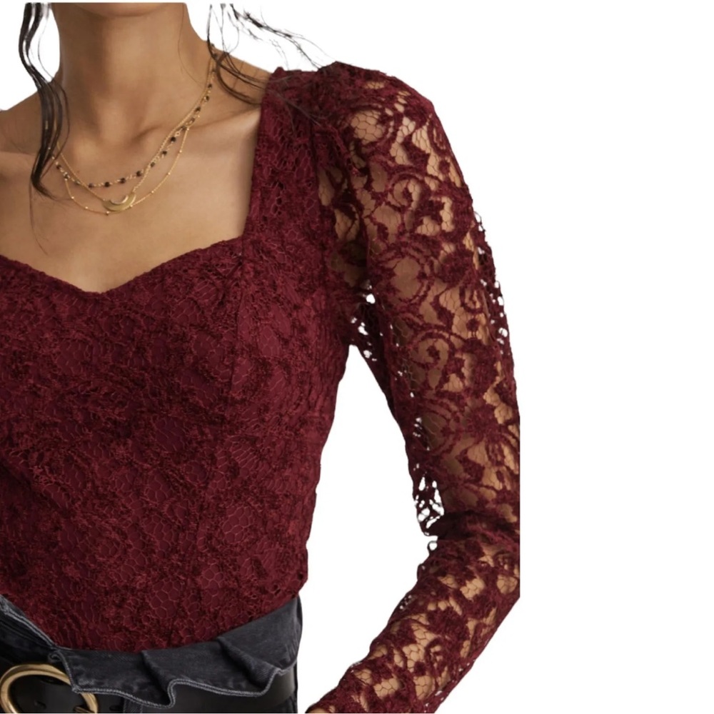 NWT Anthropologie burgundy /deep red lace sweetheart neckline top - Picture 2 of 10